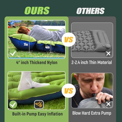 Yuzonc Double Sleeping Pad - Self Inflating 4" Extra-Thick for 2 Person with Pillow Built-in Foot Pump Inflatable Sleeping Mat for Backpacking, Hiking, Traveling, Tent, Portable Camping Mat - color: Green