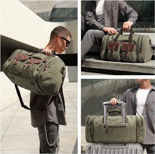 Wildroad 60L Travel Duffel Bag, Expandable Canvas Genuine Leather Duffle Bag Upgraded Overnight Weekender Bag Carry on Bag - color: Army Green, size: X Large-60L Duffle Bag