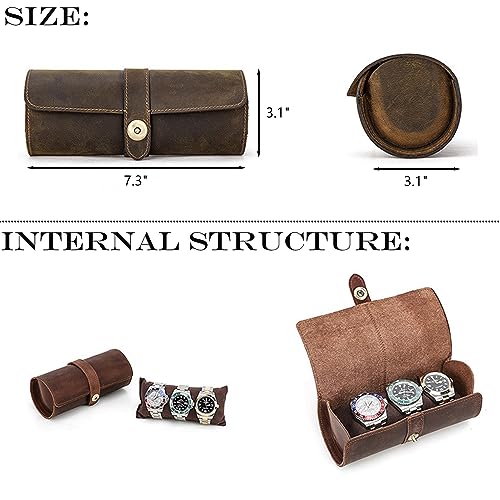 Personalized Custom Name Watch Case Roll Organizer, Luxury Genuine Leather Travel 3-Watches Case For Watch/Bracelet (06 Coffee) - color: 06 Coffee