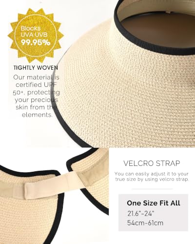 FURTALK Sun Hats for Women Wide Brim Beach Hat Straw Visor Ponytail Summer UV Packable Foldable Beach Vacation Essentials - color: Beige With Black