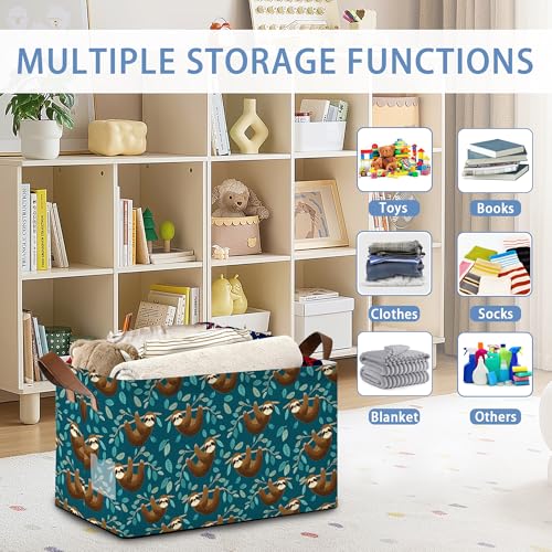 Funny Sloth Storage Baskets,Leaves Foldable Organizer Bin with Handles for Home Living Room Bedroom Closet Box 17x11.5x10Inch - color: Funny Sloth Leaves