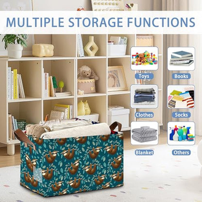 Funny Sloth Storage Baskets,Leaves Foldable Organizer Bin with Handles for Home Living Room Bedroom Closet Box 17x11.5x10Inch - color: Funny Sloth Leaves