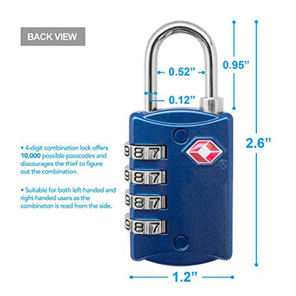 TSA Locks for Luggage, 2-Pc Durable Steel Padlock, Keyless Easy to Read 4-Digit Combination Lock for Backpacks, Travel Suitcases, Toolbox, Filing Cabinets, Baggage & Gym Locker, Red/Blue - color: Red & Blue