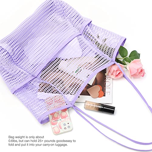 KPX Beach Bag with Mini Pocket, Summer Beach Tote Bags for Women Large Foldable Mesh Swimming Pool Travel Bags - Sandproof - color: Purple