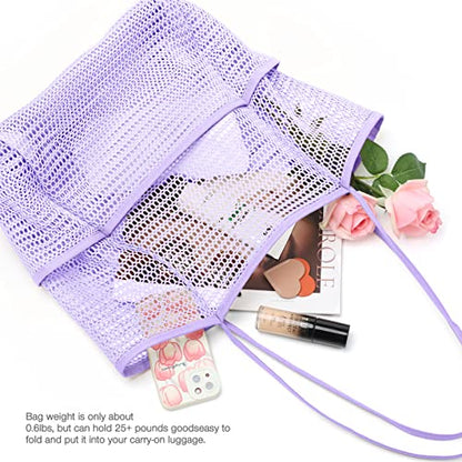 KPX Beach Bag with Mini Pocket, Summer Beach Tote Bags for Women Large Foldable Mesh Swimming Pool Travel Bags - Sandproof - color: Purple