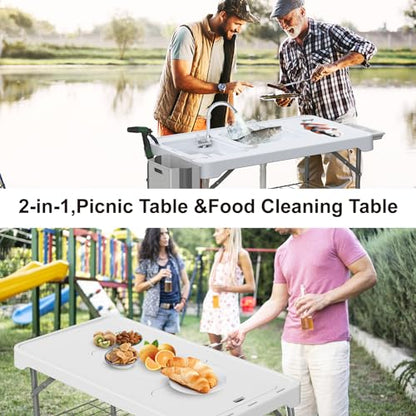 42.5" Fish Cleaning Table with Dual Sink, Portable Folding Camping Table with Faucet, Sprayer, Grid Rack, Hose Hook Up & Knife Groove, Outdoor Sink Station for Picnic Beach Patio - style: Fish cleaning table with dual sink