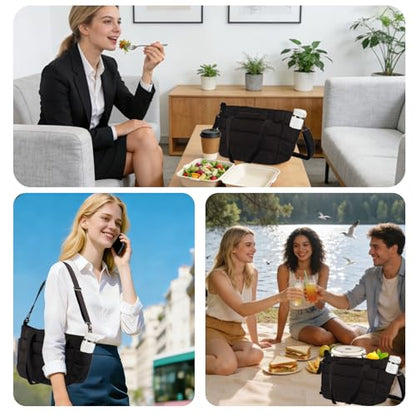 Lunch Bag Women Puffy Quilted Tote Bag Stylish Insulated Lunch Tote Bag with Large Capacity and Shoulder Strap Portable Lunch Cooler Bags for Women, Work Office, Travel, Picnic, Meal Prep - color: Black