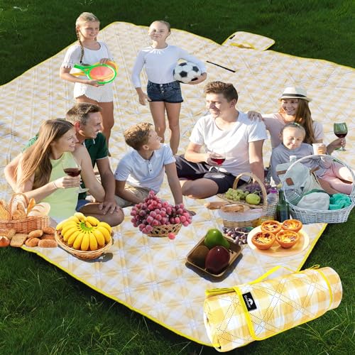Picnic Blankets Machine Washable, 79''x79'' Extra Large Waterproof Foldable Compact Beach Blankets, Oversized XL Outdoor Mat for Spring Summer Camping, Park, Travel - color: Yellow and White