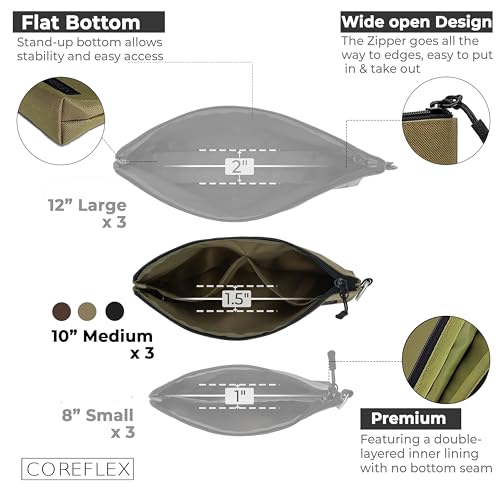 COREFLEX Premium Tool Pouch Zipper Bag, Small Tool Bag, Multipurpose Storage pouch, Heavy duty Flat Bottom Tool bag with YKK Zipper (3 pack Medium 10inch) - size: 3 pack Medium 10inch Khaki