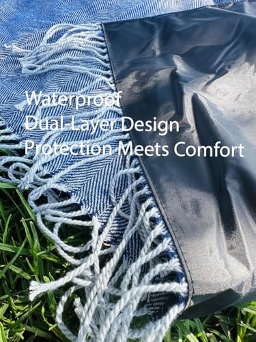 Picnic Blanket Extra Large Waterproof with Strap 59"x79" - Machine Washable Tassels Faux Wool Cashmere for Park, Grass, Camping, Hiking, Concerts (Blue, 59"X79") - color: Blue