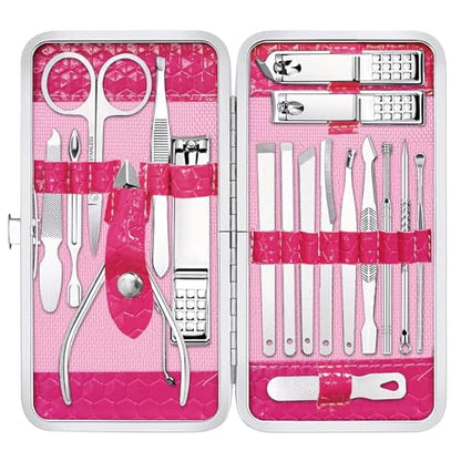 Yougai Manicure Set Professional Nail Clippers Set, 18Pcs Manicure Kit Stainless Steel Nail Kit for Women, Pedicure Set Nail Grooming Kit with Travel Case - color: Pink