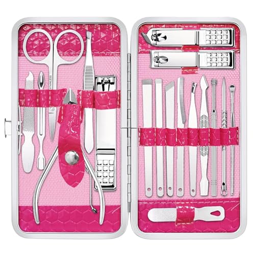 Yougai Manicure Set Professional Nail Clippers Set, 18Pcs Manicure Kit Stainless Steel Nail Kit for Women, Pedicure Set Nail Grooming Kit with Travel Case - color: Pink