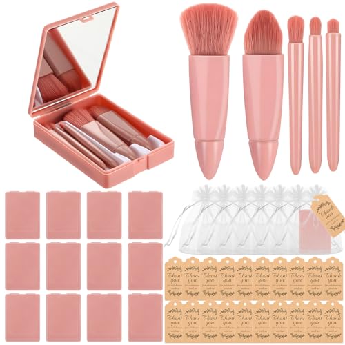 Funnymoom 12 Set Travel Makeup Brush Set Bulk with Mirror Mini Travel Makeup Brushes Thank You Cards and Organza Bag Bridesmaid Gift for Bachelorette Party Gift Wedding(Pink)