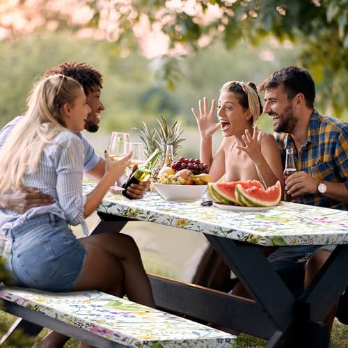 Boao 3 Pcs Vinyl Picnic Table Cover with Bench Cover 6 ft 30 x 72 Inch Waterproof Fitted Tablecloth Flannel Backing Rectangular Elastic Edged for Camping Outdoor Patio Travel(Wildflower) - color: Wildflower