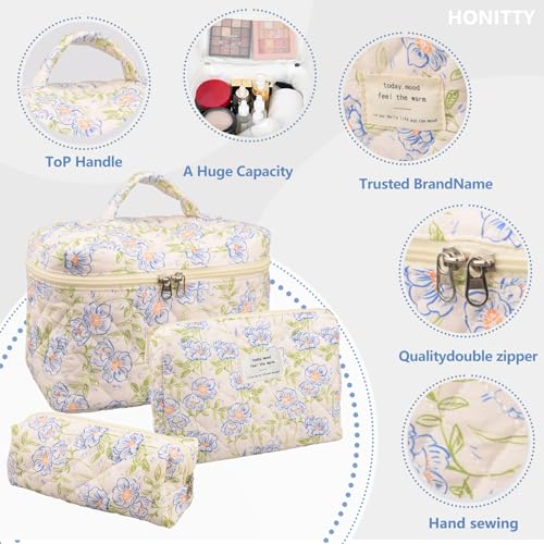 honitty Makeup Bag,Quilted Cosmetic Bags,Large Floral Make Up Organize bag,Makeup Bag Set for Women,Flower Travel Toiletry Bag - color: Blue-Flower