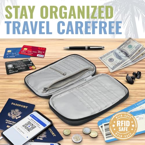 BOACAY Travel Document Organizer with RFID, Family Passport Holder, Wallet for Women & Men, Portable & Waterproof Case for Cards, Boarding Pass, Money - color: Sapphire Black