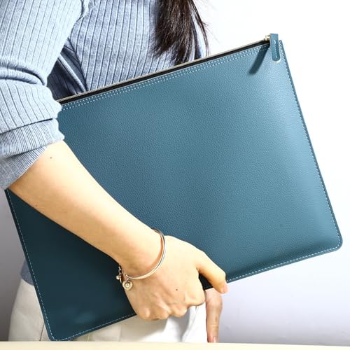 PU Leather A4 File Folder Zipper Document Holder Envelope Folder Case for Receipt Contract (Haze Blue) - color: Haze Blue