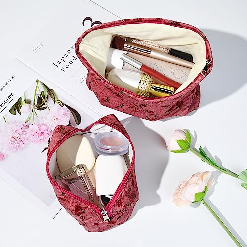 SOIDRAM 2 Pieces Rose Makeup Bag Large Cosmetic Bag Capacity Canvas Mix Travel Toiletry Bag Organizer Cute Makeup Brushes Aesthetic Accessories Storage Bag for Women, Rose Mix Green Red - color: Red Rose