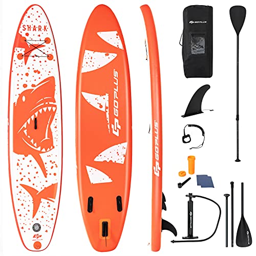 Goplus Inflatable Stand up Paddle Board, 10'/10.5'/11' SUP 6" Thick with Premium Accessories, Adjustable Aluminum Paddle, Leash, Carry Bag, Hand Pump, Removable Fin, ISUP for Adults - size: 10.5 FT, style: Orange+White