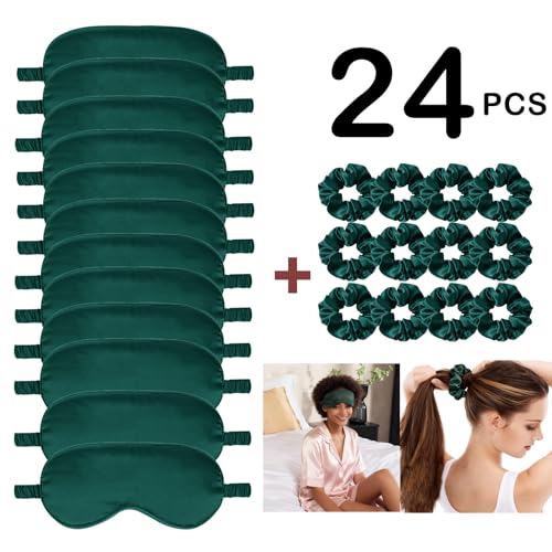 24Pcs Satin Eye Mask Silk Sleep Masks Silky Eyes Cover Blackout Blindfold Eyeshade Scrunchies Hair Ties Travel Wedding Gift - color: Evergreen
