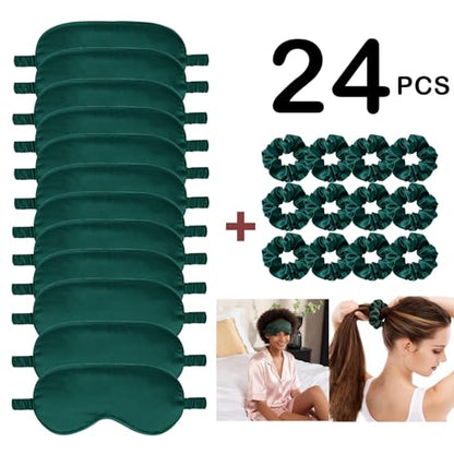 24Pcs Satin Eye Mask Silk Sleep Masks Silky Eyes Cover Blackout Blindfold Eyeshade Scrunchies Hair Ties Travel Wedding Gift - color: Evergreen