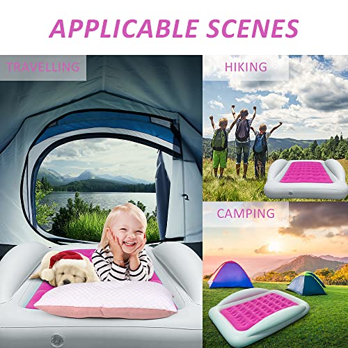 Inflatable Kids Travel Bed Toddler Air Mattress Set,Portable Blow Up Mattress Sleeping Bed Cot with Bed Rails and Electric Pump Ideal for Road Trip - color: Rose Red