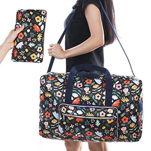 Travel Foldable Waterproof Duffel Bag - Lightweight Carry on Luggage Tote Duffel Bag(Black Floral) - color: Black Floral