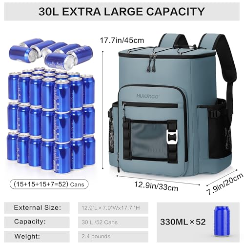 Hulongo Cooler Backpack, 30L Insulated Leakproof Soft Cooler Bag for 52 Cans, Lightweight Backpack for Beach, Picnic, Camping, Hiking, Fishing and Travel - color: Light Blue