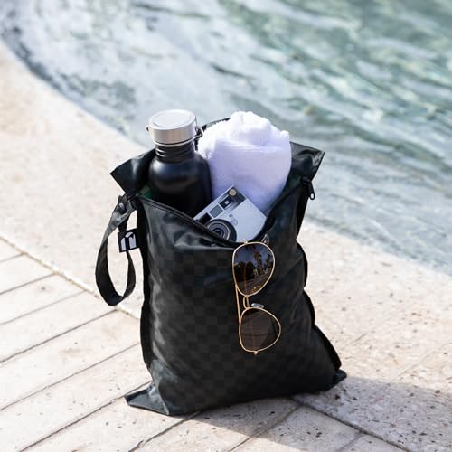 Bumkins and Roamio - Waterproof Wet Bag & Clear Travel Bags - For Beach, Baby, Travel, Swim Suit, Cloth Diapers, Pump Parts, Pool, Gym, Toiletries - Reusable & Easy to Clean - Black Check - 4 Pack - color: A5 Black Check
