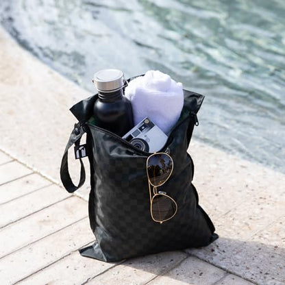 Bumkins and Roamio - Waterproof Wet Bag & Clear Travel Bags - For Beach, Baby, Travel, Swim Suit, Cloth Diapers, Pump Parts, Pool, Gym, Toiletries - Reusable & Easy to Clean - Black Check - 4 Pack - color: A5 Black Check