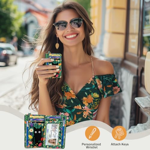 Yonlevres Black Cat Credit Card Holder Slim Wallet, Floral RFID Wallet Women Front Pocket Small Card Holder, Travel Funny Cute Thin Card Case ID Window PU Leather RFID Blocking Card Organizer Girls - color: Cat Flower Green