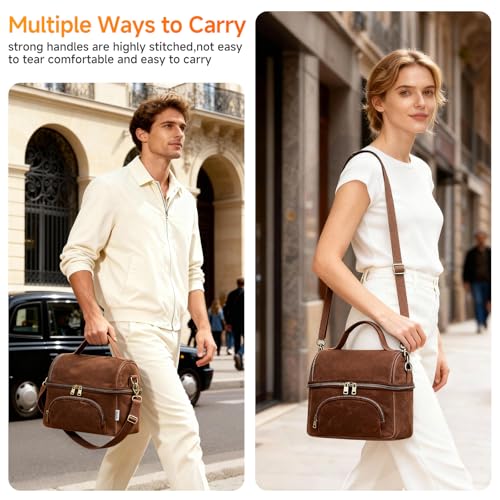 Waxed Canvas Lunch Bag with 2 XL Ice Packs, Canvas Lunch Box, Lunch Cooler for Men Work, 10.5L 2 Compartments Insulated Leakproof Cooler Bags for Camping, Beach and Road Trips - color: Rustic Brown