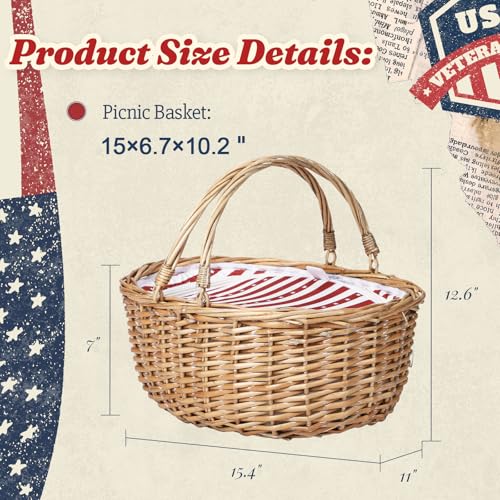 Wicker Picnic Basket with Insulated Lined Bag 15“ x 11” x 7“ Red, White Star Stripe Pattern, Iced Beer Insulated Bag for Camping, Picnics, Birthday Gifts, Wedding Gifts - color: Classic Red & White Stripes