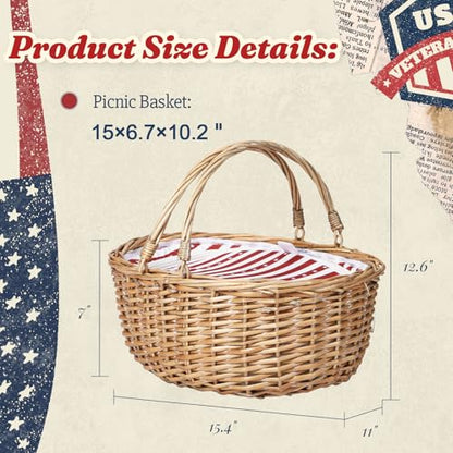 Wicker Picnic Basket with Insulated Lined Bag 15“ x 11” x 7“ Red, White Star Stripe Pattern, Iced Beer Insulated Bag for Camping, Picnics, Birthday Gifts, Wedding Gifts - color: Classic Red & White Stripes