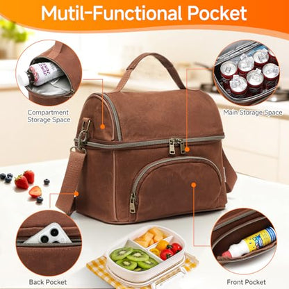 Waxed Canvas Lunch Bag with 2 XL Ice Packs, Canvas Lunch Box, Lunch Cooler for Men Work, 10.5L 2 Compartments Insulated Leakproof Cooler Bags for Camping, Beach and Road Trips - color: Rustic Brown