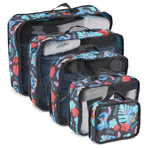 Disney Minnie Mickey Stitch Packing Cubes - Winnie the Pooh, Princess Cinderella, Cars, Toy Story 5 Piece Packing Cubes Compression - Travel Essential - Luggage Suitcase Organizer Set - color: Black Stitch