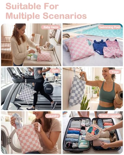 ALVA ALVABABY 3pcs Medium Cloth Diaper Wet Dry Bags Waterproof Reusable with Two Zippered Pockets Travel Beach Pool Daycare Soiled Baby Items Yoga Gym Bag for Swimsuits or Wet Clothes 3L-ZM47 - color: Creamy Checkerboard Collection