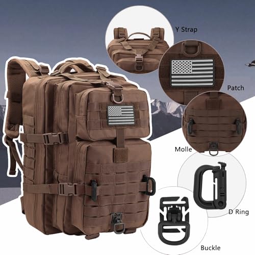 Hannibal Tactical MOLLE Assault Backpack, Tactical Backpack Military Army Camping Rucksack, 3-Day Pack Trip w/USA Flag Patch, D-Rings, Dark Brown - color: Dark Brown