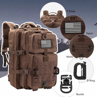 Hannibal Tactical MOLLE Assault Backpack, Tactical Backpack Military Army Camping Rucksack, 3-Day Pack Trip w/USA Flag Patch, D-Rings, Dark Brown - color: Dark Brown