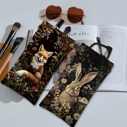 Eyeglasses Sunglasses Case PU Soft Squeeze Top Glasses Pouch for Women Men,Animal Pattern Portable Anti Scratch - color: Brown-rabbit and Fox