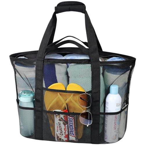 F-color Mesh Beach Bag Family - Large Tote Bag 9 Pockets for Swim Pool Toys Cruise Beach Vacation Essentials - color: Black Handle, size: Large with Mesh Bottom