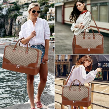 ITIEZY Weekender Overnight Bag for Women - Large Travel Duffel Bag with Shoe Compartment, Gym Duffel Bag Hospital Bag Carry On Tote Bags for Airplanes with Crossbody Bag Toiletry Bag 3Pcs Set - color: 9B-Light Brown