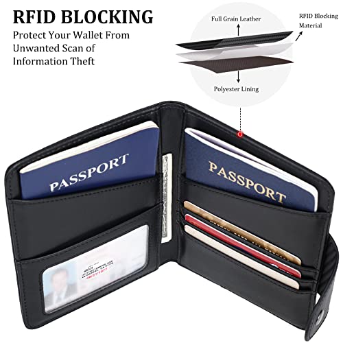 Polare Full Grain Leather Slim and Soft RFID Blocking wallet For Men Snap Bifold Travel Wallet Passport Holders 2 Passports (Carbon Black) - color: Carbon Black