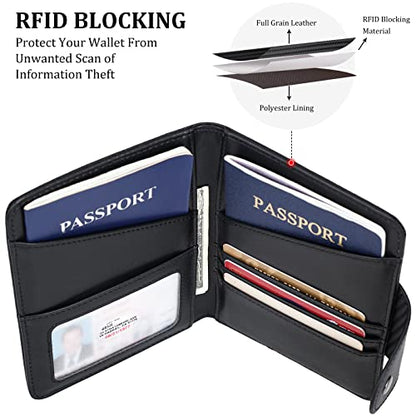 Polare Full Grain Leather Slim and Soft RFID Blocking wallet For Men Snap Bifold Travel Wallet Passport Holders 2 Passports (Carbon Black) - color: Carbon Black