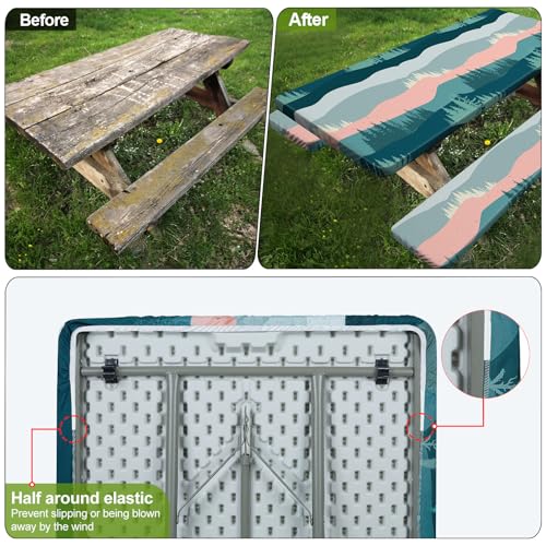Picnic Table Cover with Bench Covers 6FT 3 Pcs Waterproof Windproof Aesthetic Camping Tablecloth with Drawstring Bag, Fitted for 6 Foot Rectangle Tables and Seats, 72 inch, Pink Green Mountains - color: Pink Green Mountains