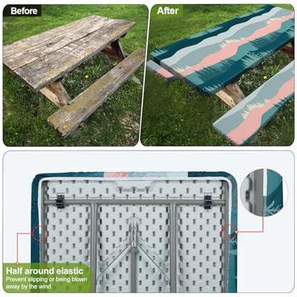 Picnic Table Cover with Bench Covers 6FT 3 Pcs Waterproof Windproof Aesthetic Camping Tablecloth with Drawstring Bag, Fitted for 6 Foot Rectangle Tables and Seats, 72 inch, Pink Green Mountains - color: Pink Green Mountains