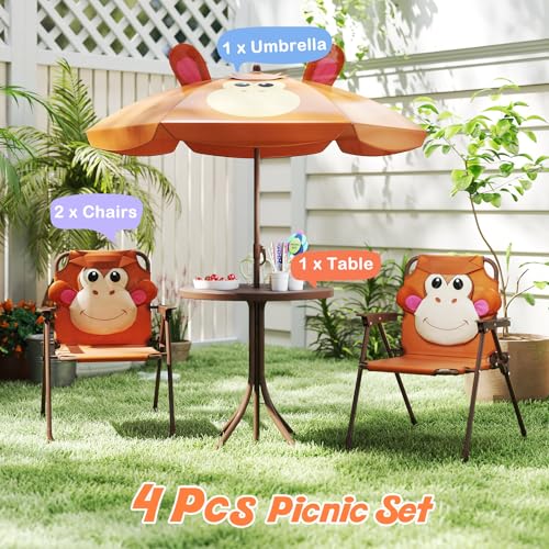 HONEY JOY Kids Picnic Table, Animal Themed Toddler Outdoor Table and Chair Set, 2 Folding Chairs & Removable Umbrella, Children Outdoor Furniture for Backyard Patio Garden (Brown Monkey) - color: Brown Monkey