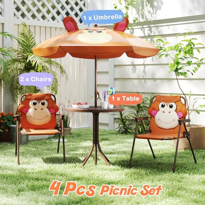 HONEY JOY Kids Picnic Table, Animal Themed Toddler Outdoor Table and Chair Set, 2 Folding Chairs & Removable Umbrella, Children Outdoor Furniture for Backyard Patio Garden (Brown Monkey) - color: Brown Monkey