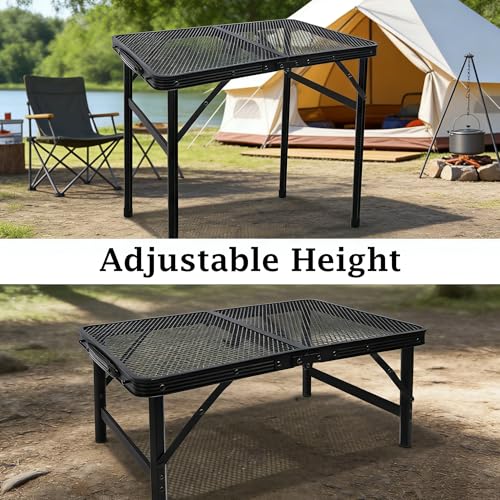 Gawerk Folding Portable Camping Grill Table, Lightweight Adjustable Height Metal Aluminum Picnic Table with Heat-Resistant Mesh Top for Outdoor, Barbeque, Camping & Travel, 24" x 16", Black