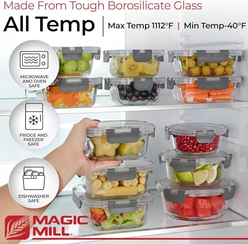 Magic Mill Premium Borosilicate Glass Food Storage Containers with lids Set | 24pc Sets with 12 Bowls & 12 Airtight Locking Lids for Lunch & Meal Prep, Safe for Oven, Freezer, Dishwasher, BPA-Free - color: Gray